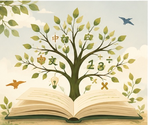 从书本中生长的知识之树，枝叶间是中文与数学 · A tree of knowledge growing from an open book with Chinese and math